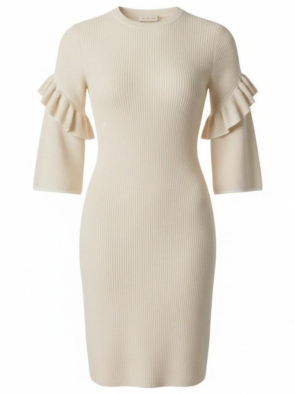 Tory Burch Ashley Wool Ruffle Sweater Dress Cream/Ivory Ribbed Knit